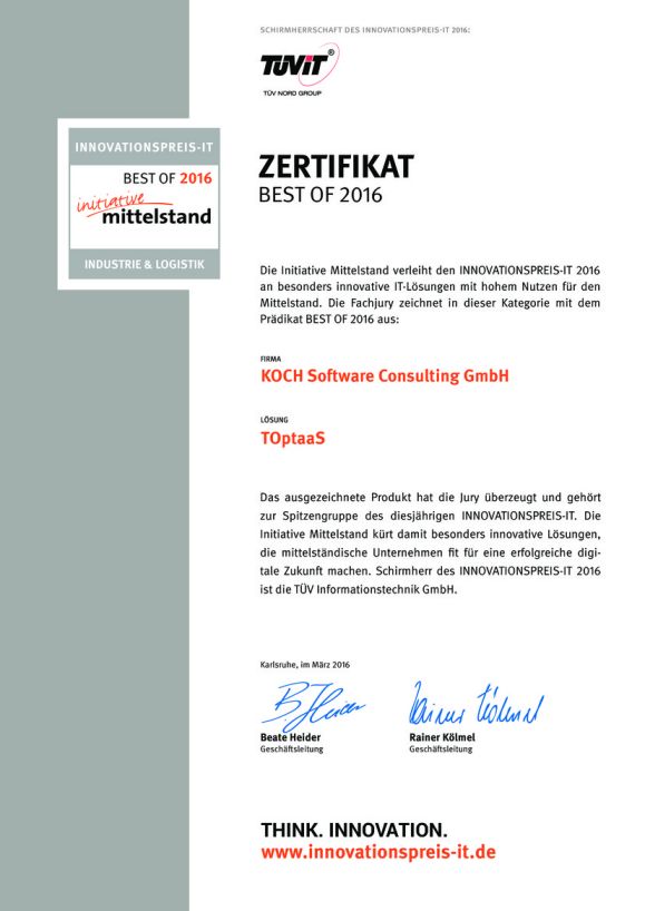 TOptaaS wurde mit dem Best of 2016 als IT Innovation ausgezeichnet